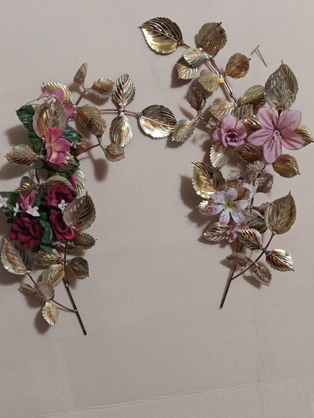 Gold Leaf Wall Decor with Pink Floral Accents